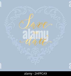 Handgezeichneter Schriftzug Save the Date in Herz mit floralen Ornamenten. Vorlage „alles Liebe zum Valentinstag“. Für Karten, Einladungen, Drucke usw. Stock Vektor
