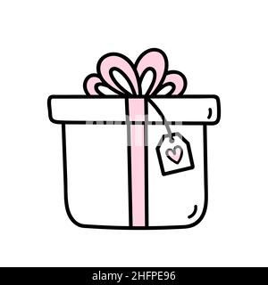 Niedliches Geschenk mit rosa Schleife und Band zum Valentinstag isoliert auf weißem Hintergrund. Vektor-handgezeichnete Illustration im Doodle-Stil. Perfekt für Urlaubsdesigns, Karten, Dekorationen, Logos. Stock Vektor