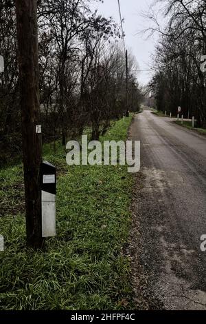 Reflektor auf einem Holzmast am Straßenrand in einem Hain in der italienischen Landschaft Stockfoto