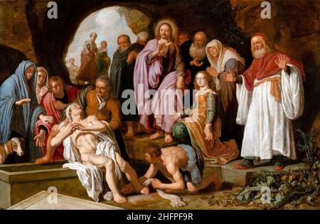 Die Auferweckung des Lazarus durch den niederländischen Künstler Pieter Lastman (1583–1633), Öl auf Tafel, 1622 Stockfoto