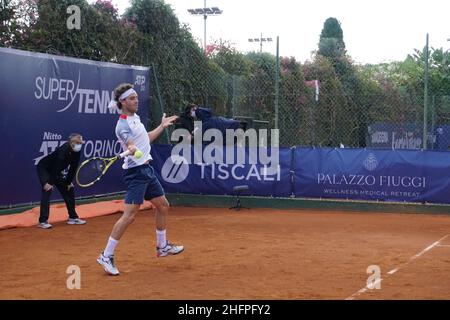 Alessandro Tocco/LaPresse 13. Oktober 2020 Santa Margherita di Pula, Cagliari (Italien) Sport Tennis Tennis, Forte Village Sardegna im Bild geöffnet:Marco Cecchinato Stockfoto