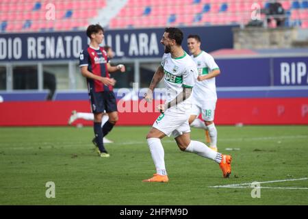 LaPresse/Filippo Rubin 18. Oktober 2020 Bologna (Italien) Sport Soccer Bologna vs Sassuolo - Italienische Fußballmeisterschaft Liga A 2020/2021 - &#x201C;Renato Dall&#X2019;Ara&#x201D; Stadion im Bild: CELEBRATION GOAL SASSUOLO AUTOGOAL TAKEHIRO TOMIYASU (FC BOLOGNA) Stockfoto