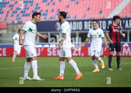 LaPresse/Filippo Rubin 18. Oktober 2020 Bologna (Italien) Sport Soccer Bologna vs Sassuolo - Italienische Fußballmeisterschaft Liga A 2020/2021 - &#x201C;Renato Dall&#X2019;Ara&#x201D; Stadion im Bild: CELEBRATION GOAL SASSUOLO AUTOGOAL TAKEHIRO TOMIYASU (FC BOLOGNA) Stockfoto