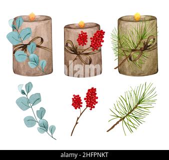 Weihnachtsschmuck von Kerzen und Winterbaum. Aquarell Weihnachten Komposition. Aquarell-Kerze mit Dekor-Set. Handbemalte Winterillustration Stockfoto