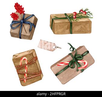 Aquarell handbemaltes Set von Geschenkschachteln und Geschenken in Bastelpapier. Illustration zu Weihnachten und Neujahr. Stockfoto