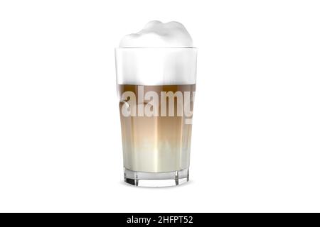 Latte Macchiato in schöner Tasse auf einem isolierten weißen Hintergrund mit natürlichem Schatten. Cappuccino-Kaffee und Milchgetränk in einem transparenten Glas Stockfoto
