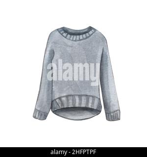 Aquarell handbemalter Winterpullover. Femine Pullover in grauer Farbe isoliert auf weiß. Warmes, legeres Outfit. Stockfoto