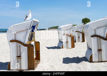 Im Sommer bunte Liegen am Strand bei Kühlungsborn. Mecklenburg-Vorpommern, Deutschland Stockfoto