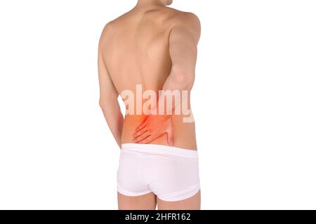 Rückenschmerzen. Konzept der Rückenschmerzen, Mann mit Rückenschmerzen, rote entzündete Zone. Schmerzen im Körper des Mannes mit roten Punkten isoliert auf weißem Hintergrund. Gelenk Stockfoto