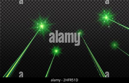 Grüner Laserstrahl. Laserstrahlen, grüner Lichteffekt auf transparentem schwarzem Hintergrund. Stock Vektor