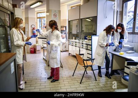 Milano Novembre 2020 Quattro ricercatrici di Milano creano un tampone Covid per bambini rilevabile attraverso la Speichel. Il Test rapido e non invasivo potrebbe essere eseguito in futuro anche a casa. Le ricercatrici lavorano all'Università' Statale di Milano e hanno basato la loro creazione sullo Studio di un protocollo dell'Università' di Yale. Nella foto : Claudia Dellavia,Valentina Massa,Daniela Carmagnola e Elisa Borghi Stockfoto