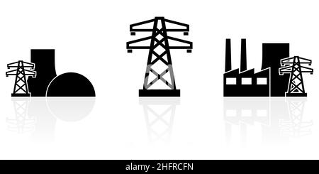Web- und Internet-Strom-Konzept Vektor-Icon-Set, Kraftwerk und elektrische Pole-Symbole isoliert auf weißem Hintergrund mit Reflexion Stock Vektor
