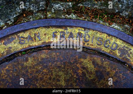 San Francisco Kanalabdeckung Wasser Kanalisation Straße Rost Jahrgang Stockfoto