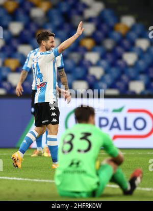 Alessandro Garofalo/LaPresse 29. November 2020 Neapel, Italien Sportfußball Napoli vs Roma - Italienische Fußballmeisterschaft League A Tim 2020/2021 - Stadion San Paolo. Im Bild: Dries Mertens Napoli feiert nach Tor 3-0 Stockfoto