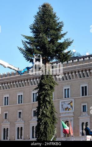 Mauro Scrobogna /LaPresse November 30, 2020&#xa0; Rom, Italien Nachrichten der Weihnachtsbaum auf der Piazza Venezia auf dem Foto: Operationen zur Vorbereitung des Weihnachtsdekors Symbol der Stadt, der Weihnachtsbaum auf der Piazza Venezia, jetzt getauft mit dem Namen 'spelacchio' Stockfoto