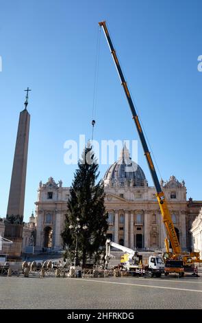 Mauro Scrobogna /LaPresse November 30, 2020&#xa0; Rom, Italien Nachrichten Vatikanstadt - Petersplatz bereitet sich auf Weihnachten vor auf dem Foto: Vorbereitungen für die Errichtung der Krippe und des Weihnachtsbaums auf der Piazza San Pietro Stockfoto