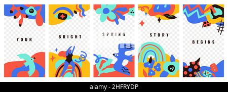 Vorlagen für abstrakte Geschichten. Social Media Bilderrahmen mit transparenter Schicht, modernem Video-Blogging-Dekor, einfachem gezeichnetes Layout, minimalistischem Blumenmuster Stock Vektor