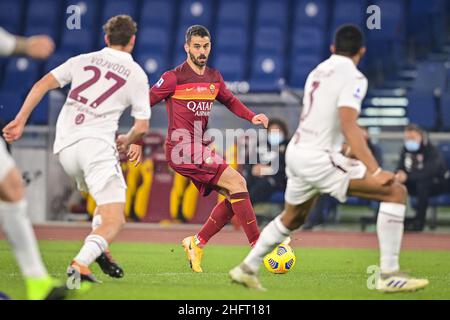 Fabio Rossi/AS Roma/LaPresse 17/12/2020 Rom (Italien) Sport Soccer Roma-Turin Italienische Fußball-Meisterschaft Liga Serie A Tim 2020/2021 - Olympiastadion im Bild: Leonardo Spinazzola Stockfoto