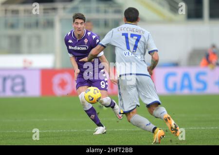 LaPresse - Jennifer Lorenzini 19 December 2020 Firenza (Italien) Sport Soccer Fiorentina - Hellas Verona Italienische Fußballmeisterschaft Liga A Tim 2019/ 2020 - "Artemio Franchi" Stadion im Bild: Vlahovic, Ceccherini Stockfoto