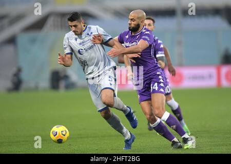 LaPresse - Jennifer Lorenzini 19 December 2020 Firenz(Italien) Sport Soccer Fiorentina - Hellas Verona Italienische Fußballmeisterschaft Liga A Tim 2019/ 2020 - "Artemio Franchi" Stadion im Bild: Faraoni, Amramat Stockfoto