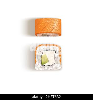 Flache Lage von zwei Philadelphia Rollen isoliert auf weiß. Blick von oben auf Sushi mit Lachs und Frischkäse. Vektorgrafik Stock Vektor