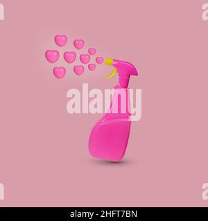 Kreatives Valentinstags- oder romantisches Konzept mit Spenderflasche, die rosa Herzen auf einen pastellfarbenen Hintergrund sprüht. Minimaler Liebeshintergrund. Stockfoto