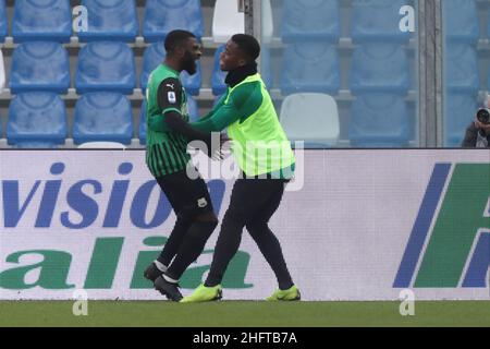 Fabrizio Zani,/LaPresse 6 Januar 2021 Reggio Emilia, Italien Sport Fußball Sassuolo vs Genua - Italienische Fußball-Meisterschaft Liga Serie A Tim 2020/21   Mapei Stadium im Bild: Boga Jeremy feiert Stockfoto