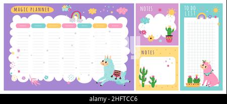 Niedliche Lamas Wochenplaner. Kinder Zeitplan der Klassen. Notizen und To-Do-Liste. Memo-Seiten mit Kakteen. Alpaka-Einhorn. Stundenplan-Design mit Tieren Stock Vektor