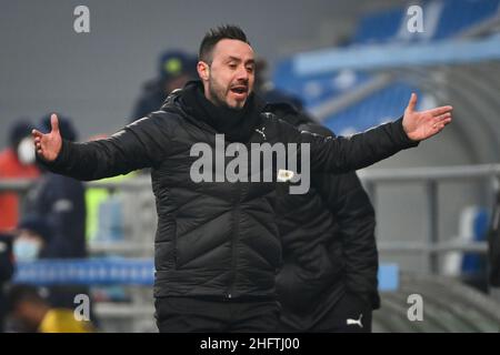 Massimo Paolone/LaPresse 17. Januar 2021 Reggio Emilia, Italien Sportfußball Sassuolo vs Parma - Italienische Fußballmeisterschaft League A Tim 2020/2021 - Mapei Stadion auf dem Bild: Roberto De Zerbi (U.S.Sassuolo) protestiert Stockfoto