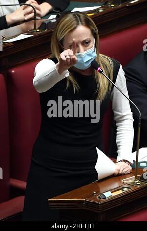 Foto Ettore Ferrari/LaPresse/POOL Ansa 18 gennaio 2021 Roma, Italia Politica Camera dei Deputati - Comunicazioni del Presidente del Consiglio Giuseppe Conte sulla situazione politicaNella foto: Giorgia MeloniPhoto Ettore Ferrari/LaPresse/POOL Ansa 18. Januar 2021 Rom (Italien) Politik Abgeordnetenkammer - Kommunikation von Premierminister Giuseppe Conte zur politischen LageIm Bild: Giorgia Meloni Stockfoto