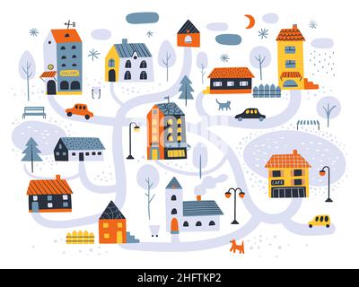 Häuser Stadtplan. Winterliches Straßenbild, kleine, lustige Gebäude mit Straßen, Parks und Stadtelementen, wandelndem Tier und Bäumen, kindlicher Kritzelkritzel abstrakt Stock Vektor