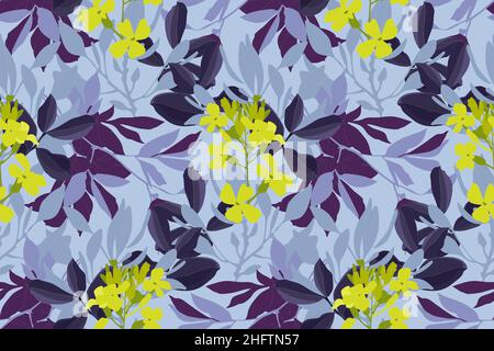 Vektor-Nahtloses Blumenmuster. Gelbe Blüten und lila Blätter auf blauem Hintergrund. Stock Vektor