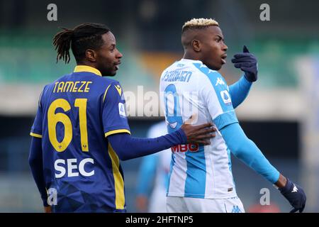 Paola Garbuio/LaPresse 24. Januar 2021 Verona, Italien Sportfußball Hellas Verona vs Napoli -Italienische Fußballmeisterschaft League A Tim 2020/2021 - Bentegodi Stadion. Im Bild: Osimhen Sieger Stockfoto