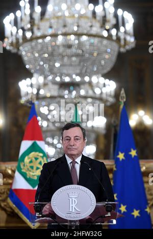 Foto Alessandro Di Meo/POOL Ansa/LaPresse 12 febbraio 2021 Roma, Italia Politica Quirinale - Il Presidente del Consiglio incaricato Mario Draghi annuncia la lista dei nuovi ministri Nella foto: Mario Draghi Foto Alessandro Di Meo/POOL Ansa/LaPresse 12. Februar 2021 Rom (Italien) Politik Palast Quirinale - der designierte Premierminister Mario Draghi stellt die Liste der Minister vor. Im Bild: Mario Draghi Stockfoto