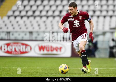 Marco Alpozzi/LaPresse 12. Februar 2021 Turin, Italien Sportfußball EXKLUSIV TURIN FC Turin gegen Genua - Italienische Fußballmeisterschaft Liga A Tim 2020/2021 - Olimpico Grande Torino Stadion. Im Bild: Andrea Belotti (FC Turin); Stockfoto