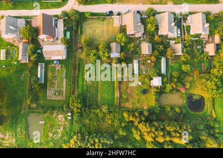 Luftaufnahme Der Skyline Der Kleinstadt Am Sommertag. Wohnviertel, Häuser und Gartenbetten in Vogelperspektive Stockfoto
