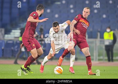 Fabio Rossi/AS Roma/LaPresse 25/02/2021 Rom (Italien) Sport Soccer Roma-Braga Runde von 32 , 2st Etappen - Europa League 2020/2021 - Olympiastadion im Bild: Rick Karsdorp Stockfoto