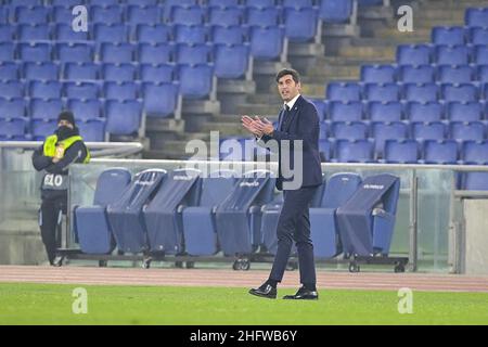 Fabio Rossi/AS Roma/LaPresse 25/02/2021 Rom (Italien) Sport Soccer Roma-Braga Runde von 32 , 2st Teilstrecken - Europa League 2020/2021 - Olympiastadion im Bild: Paulo Fonseca Stockfoto