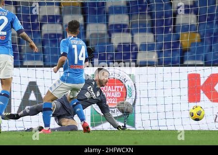 Alessandro Garofalo/LaPresse 28. Februar 2021 Neapel, Italien Sportfußball Napoli vs Benevento - Italienische Fußballmeisterschaft League A Tim 2020/2021 - Diego Armando Maradona Stadion. Im Bild: Dries Mertens (SSC Napoli) Tor 1-0 Stockfoto