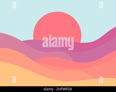 Gewellte Landschaft in minimalistischem Stil. Sonnenuntergangslandschaft mit Hügeln. Rote Sonne. Boho Decor für Drucke, Poster und Interior Design. Mitte des Jahrhunderts modern d Stock Vektor