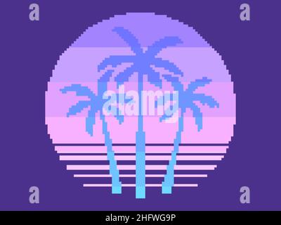 Pixel Art Palmen bei Sonnenuntergang im Stil der 80er. 8-Bit-Sonnensynthwave und retrowave. Retro 8-Bit-Videospiel. Design für Druck, Geschenkpapier und Werbung Stock Vektor