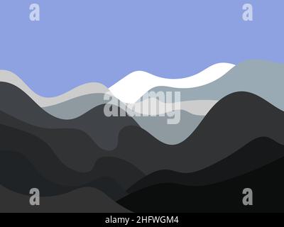 Berglandschaft mit verschneiten Hügeln im flachen Stil. Blick auf die Winterberge in minimalistischem Stil. Design für Poster, Banner, Buchumschläge. Vecto Stock Vektor