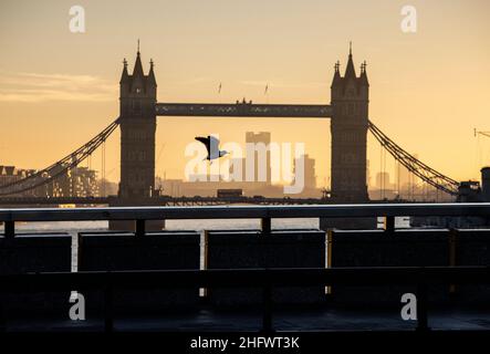 London Pendler an einem frischen Wintermorgen machen sich auf den Weg in die City of London, während die Sonne aufgeht und Arbeiter in ihr Büro zurückkehren, Januar 2022 Stockfoto