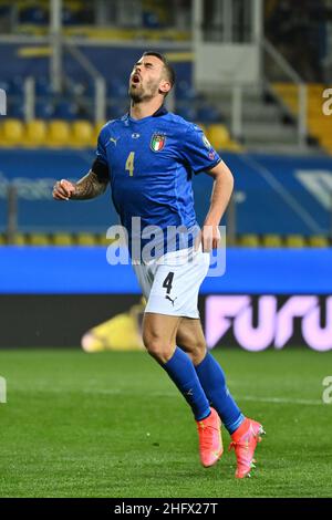 Massimo Paolone/LaPresse 25. März 2021 Parma, Italien Sportfußball Italien vs. Nordirland - European Qualifiers FIFA World Cup Qatar 2022 - Ennio Tardini Stadion im Bild: Leonardo Spinazzola (Italia) ist verzweifelt Stockfoto