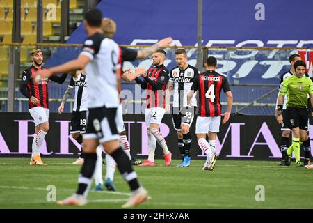 Massimo Paolone/LaPresse 10. April 2021 Parma, Italien Sportfußball Parma gegen Mailand - Italienische Fußballmeisterschaft Liga A Tim 2020/2021 - Ennio Tardini Stadion auf dem Bild: Ante Rebic (AC Mailand) feiert nach dem Tor 0-1 Stockfoto