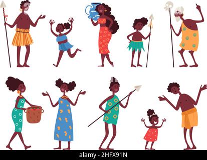 Afrikanische Stammesfiguren. Lustige Männer und Frauen, Kinder und alte Menschen, bunte nationale Kleidung und ethnische Haushaltsgegenstände, Männer und Frauen Stock Vektor