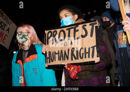 LONDON, Großbritannien 17th. Januar 2022. Tötet den Gesetzesentwurf Protest gegen College Green, während das Oberhaus über den Gesetzentwurf für Polizei, Verbrechen, Verurteilung und Gerichte abstimmt Stockfoto