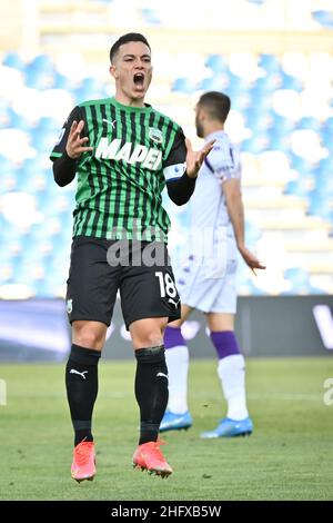 Massimo Paolone/LaPresse 17. April 2021 Reggio Emilia, Italien Sportfußball Sassuolo vs Fiorentina - Italienische Fußballmeisterschaft League A Tim 2020/2021 - Mapei Stadion im Bild: Giacomo Raspadori (U.S.Sassuolo) ist verzweifelt Stockfoto