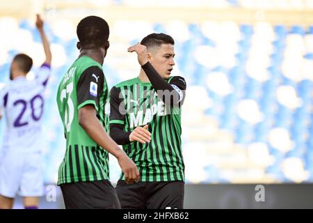 Massimo Paolone/LaPresse 17. April 2021 Reggio Emilia, Italien Sportfußball Sassuolo vs Fiorentina - Italienische Fußballmeisterschaft League A Tim 2020/2021 - Mapei Stadion im Bild: Giacomo Raspadori (U.S.Sassuolo) ist verzweifelt Stockfoto