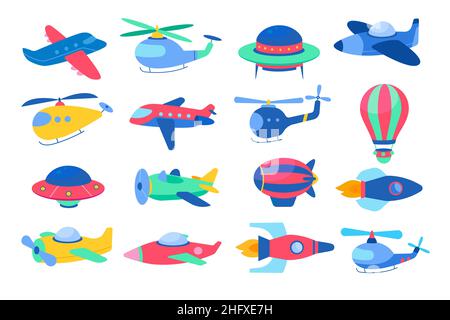 Kinderlufttransport. Lustige Farbe Kinder Flugzeuge, Raketen, Flugzeuge und Luftballons, verschiedene Art fliegen Baby Spielzeug, helle Gegenstände, Kinderzimmer Dekor, Vektor Stock Vektor